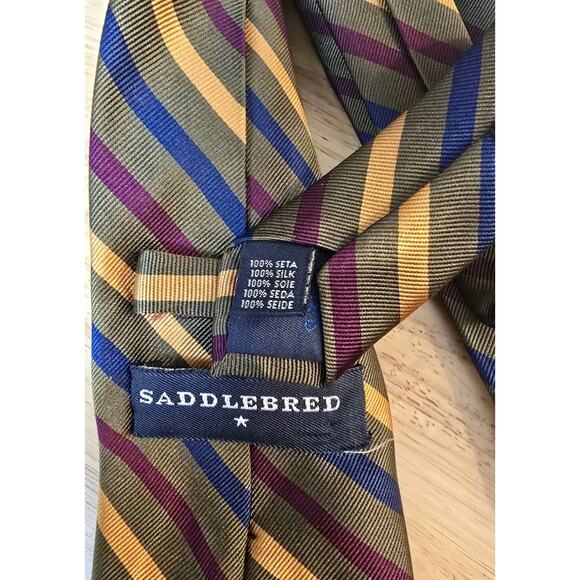 Saddlebred Mens Necktie Striped Olive Green Multicolor Stripes - Picture 4 of 6